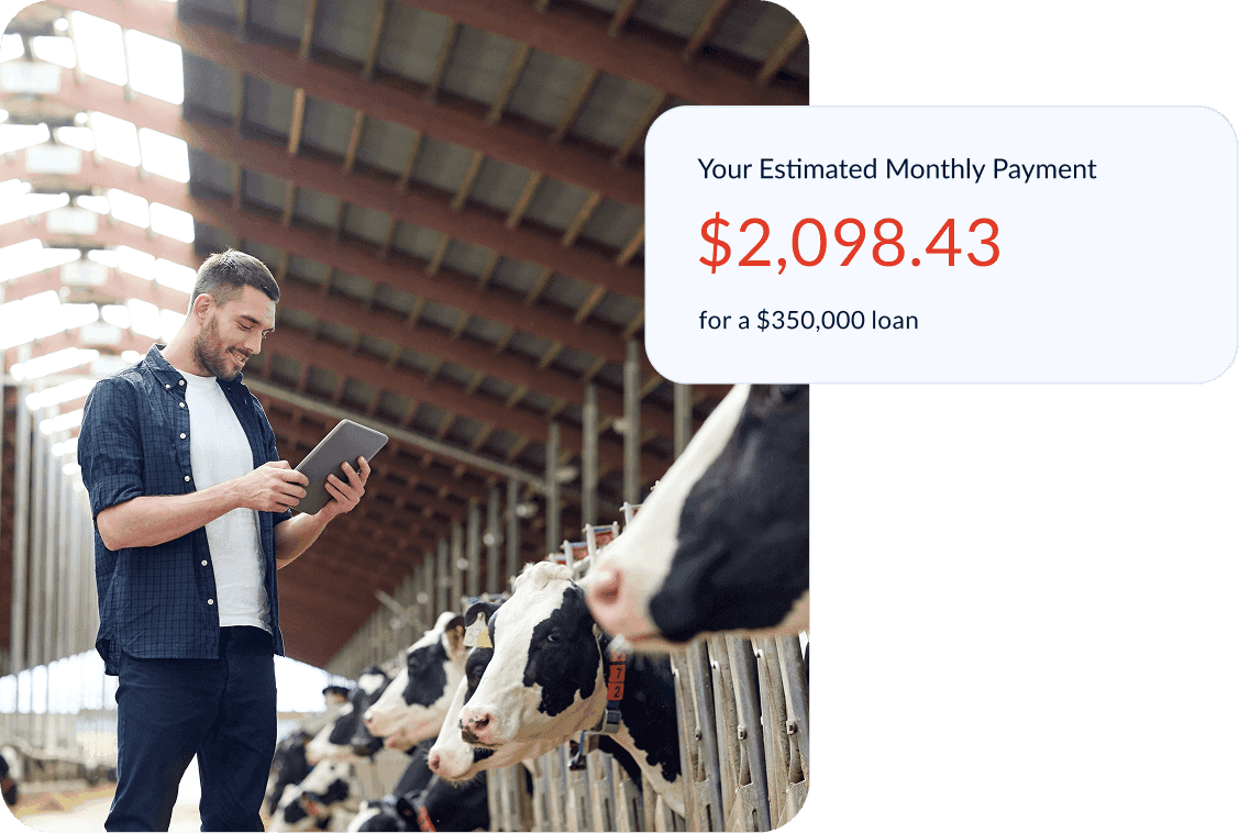 Farmer calculating estimated monthly payment for total loan