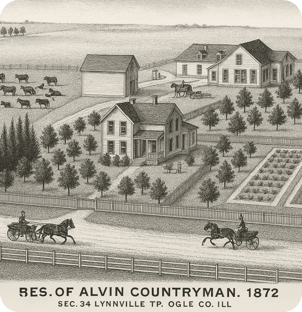 Vintage illustration of a farmhouse with horsescart, trees, and barns